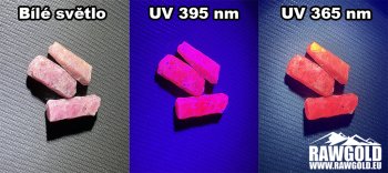 Rozdíl mezi UV 365 nm a 395 nm při osvětlení minerálů